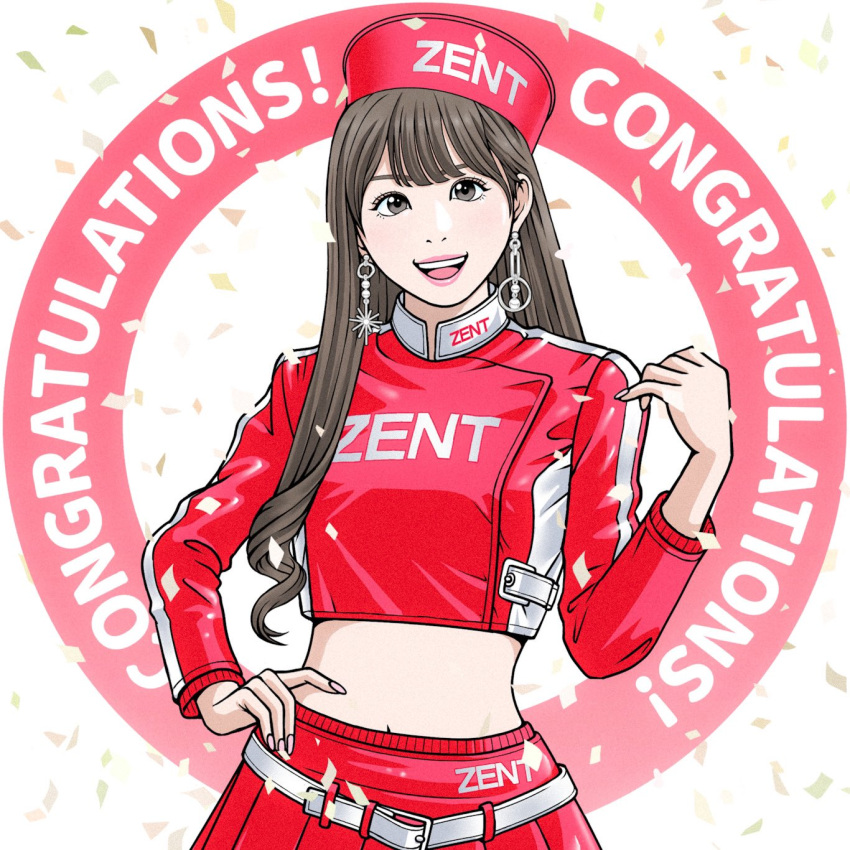 1girl belt brown_hair confetti congratulations earrings hand_on_own_hip head_tilt highres jacket jewelry kondo_koji_(automotive_artist) long_hair looking_at_viewer matsuda_ran midriff navel open_mouth race_queen real_life red_jacket red_skirt skirt smile solo super_gt team_zent very_long_hair white_belt
