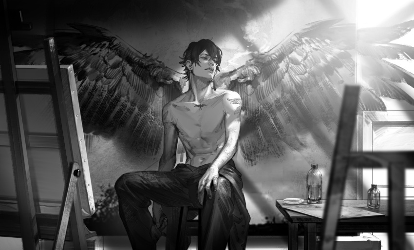 1boy akakokko_(niro_azarashi) blue_period bottle chest_tattoo cigarette collarbone drawn_wings earrings easel greyscale highres holding jewelry looking_to_the_side male_focus monochrome murai_yakumo navel pectorals short_hair shoulder_tattoo sidelighting sitting smoke_trail smoking solo tassel tassel_earrings tattoo topless_male