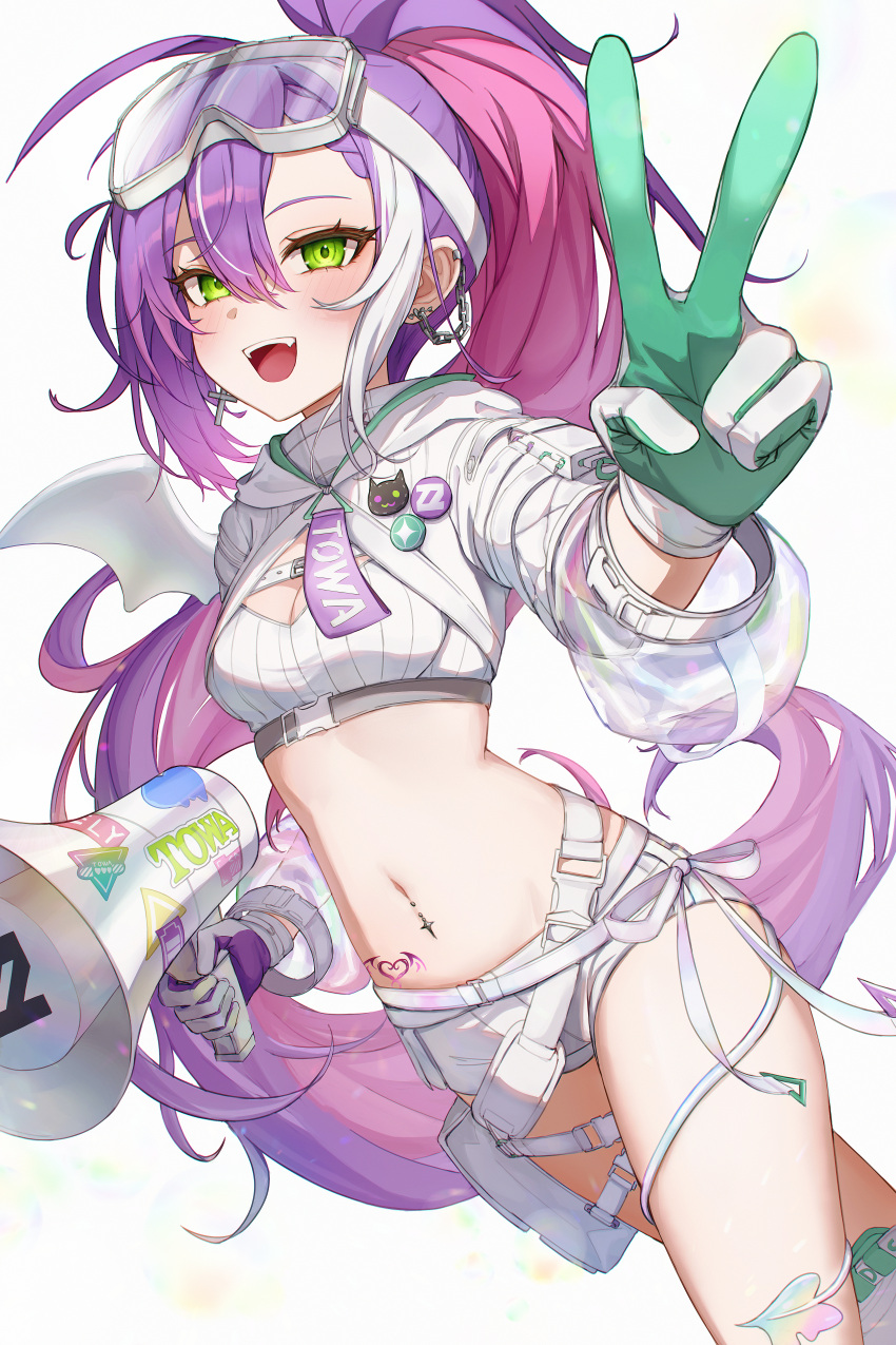 1girl 39chiho absurdres closed_mouth demon_tail gloves goggles goggles_on_head green_eyes hand_on_back highres hip_tattoo holding hololive knee_pads long_hair looking_at_viewer melting_tail multicolored_hair navel open_mouth ponytail purple_hair shorts smile solo strapless tail tattoo tokoyami_towa tokoyami_towa_(5th_costume) tube_top v virtual_youtuber white_gloves white_shorts white_tube_top