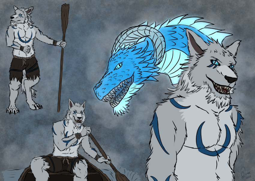 absurd_res anthro blue_body blue_scales boat canid canine canis canoe close-up clothing concept_art dire_wolf disguise dragon dragon_eye feral fur hi_res leather leather_clothing male mammal markings mythological_creature mythological_scalie mythology oar scales scalie secrets_of_uncrom sedric_(uncrom) sitting solo standing sundyr transformation transmogrification uncrom valtalska_dercas vehicle visha watercraft white_body white_fur yenocwolf