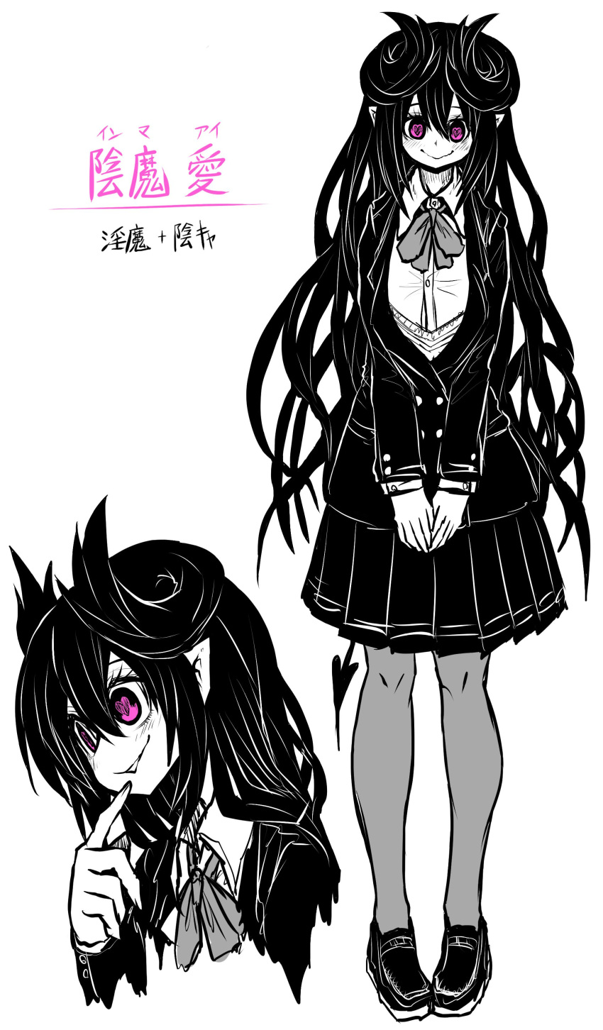 1girl absurdres black_footwear black_hair black_horns black_jacket black_skirt black_tail breasts character_name character_request copyright_request demon_girl demon_horns demon_tail finger_to_own_chin highres horns jacket limited_palette long_hair medium_breasts own_hands_together pantyhose partially_colored partially_unbuttoned pink_eyes pointy_ears school_uniform skirt smile tail translation_request upper_body zyugoya