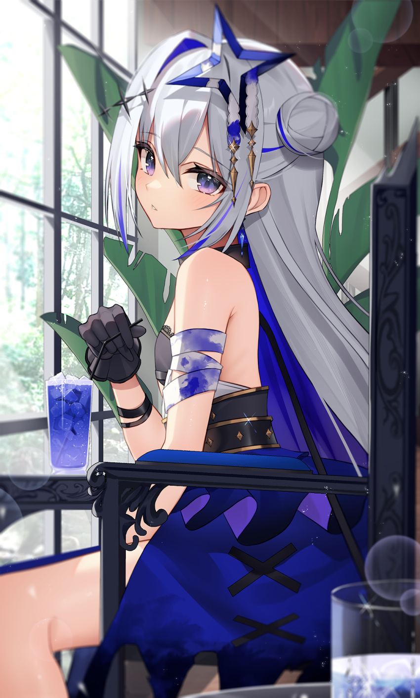 1girl amane_kanata amane_kanata_(another_world) bandaged_arm bandages bare_legs bare_shoulders bendy_straw black_gloves blue_dress blue_hair blurry blurry_background blurry_foreground bokeh breasts colored_inner_hair depth_of_field dress drink drinking_straw earrings from_side gloves grey_hair hair_between_eyes hair_bun hair_ornament halo highres holding hololive indoors jewelry long_hair looking_at_viewer multicolored_hair official_alternate_costume purple_eyes sitting sleeveless sleeveless_dress small_breasts solo star_halo streaked_hair thomas_8000 virtual_youtuber