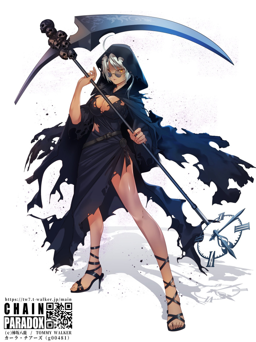 1girl ahoge belt black_dress breasts chain_paradox cloak dark-skinned_female dark_skin dress full_body gladiator_sandals glasses grey_hair high_heels highres holding holding_scythe hood hood_up hooded_cloak kakizaka_hachishika large_breasts looking_at_viewer qr_code round_eyewear sandals scythe shadow solo standing sunglasses torn_clothes white_background yellow_eyes