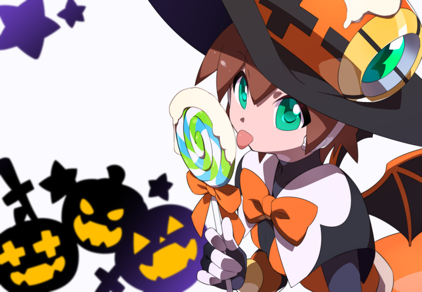 1girl aile_(mega_man_zx) bat_wings black_bodysuit bodysuit bodysuit_under_clothes bow bowtie brown_hair candy dress food green_eyes halloween_costume holding holding_candy holding_food holding_lollipop kaidou_zx licking lollipop mega_man_(series) mega_man_x_(series) mega_man_x_dive mega_man_zx official_alternate_costume orange_bow orange_bowtie orange_dress orange_headwear pumpkin robot_ears simple_background star_(symbol) swirl_lollipop white_background wings