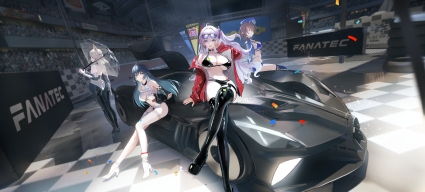4girls :d absurdres ahoge animal_ears arm_support ass azur_lane back baltimore_(azur_lane) baltimore_(azur_lane)_(cosplay) baltimore_(finish_line_flagbearer)_(azur_lane) bare_shoulders bikini black_bikini black_choker black_leotard black_pantyhose black_thighhighs blue_bikini blue_eyes blue_footwear blue_hair blue_headwear blue_jacket blue_shorts boots breasts brown_eyes brown_hair bugatti calabiyau car character_request chest_harness choker cleavage closed_mouth clothes_writing collarbone confetti cosplay cosplay_request covered_navel cropped_jacket crossed_legs earrings elbow_gloves eyewear_on_head fingerless_gloves fox_ears full_body genshin_impact gloves hair_between_eyes hand_up harness hat heart heart-shaped_pupils heart_earrings high_heels highleg highleg_bikini highres jacket jewelry kanami_(calabiyau) large_breasts leotard long_hair looking_at_viewer looking_to_the_side micro_shorts mismatched_bikini motor_vehicle multi-strapped_bikini_bottom multi-strapped_bikini_top multicolored_hair multiple_girls name_tag navel one_eye_closed open_mouth pantyhose partially_fingerless_gloves peaked_cap pink_hair race_queen red_jacket see-through see-through_cleavage shadow shenhe_(genshin_impact) shenhe_(genshin_impact)_(cosplay) short_hair shorts side_ponytail sidelocks sitting sitting_on_car smile standing stomach sunglasses swimsuit symbol-shaped_pupils taihou_(azur_lane) taihou_(azur_lane)_(cosplay) taihou_(enraptured_companion)_(azur_lane) teeth thigh_boots thigh_strap thighband_pantyhose thighhighs transparent transparent_umbrella two-tone_hair two-tone_leotard umbrella underbust upper_teeth_only white_footwear white_gloves white_hair white_leotard white_pantyhose yuyiosang