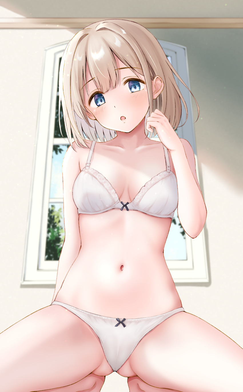 1girl :o absurdres ass_visible_through_thighs blue_eyes blush bra breasts breasts_apart ca_paria cameltoe commentary_request grey_hair highres idolmaster idolmaster_shiny_colors indoors looking_at_viewer medium_breasts navel panties serizawa_asahi solo spread_legs squatting stomach underwear underwear_only white_bra white_panties