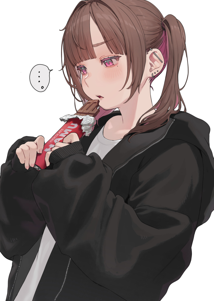 ... 1girl absurdres barbell_piercing black_jacket blush brown_hair candy chocolate chocolate_bar daluto_(hitomi555) ear_piercing food highres hood hood_down hooded_jacket industrial_piercing jacket looking_to_the_side mole mole_under_eye multicolored_hair open_clothes open_jacket original parted_lips piercing pink_eyes pink_hair simple_background sleeves_past_wrists solo spoken_ellipsis twintails two-tone_hair upper_body white_background