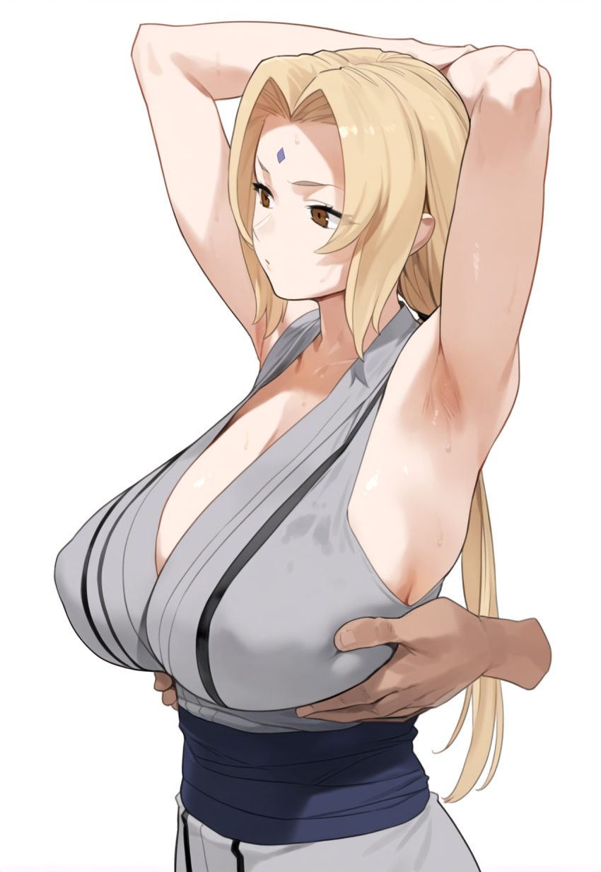 1girl ai-generated armpits blonde_hair breasts brown_eyes facial_mark forehead_mark highres huge_breasts japanese_clothes kimono low_twintails mature_female naruto naruto_(series) shirt sleeveless sleeveless_shirt tsunade_(naruto) twintails yabe