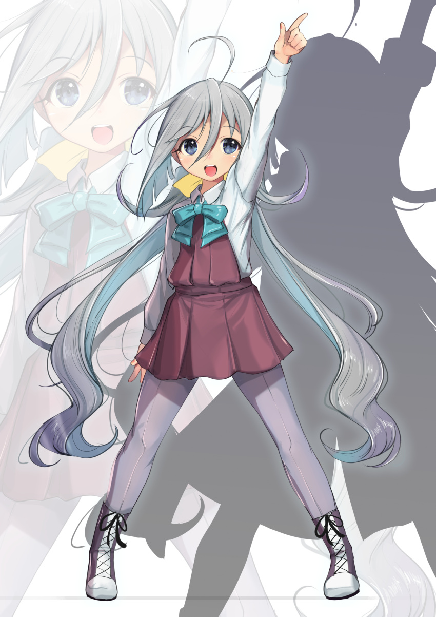 1girl absurdres ahoge aqua_bow aqua_bowtie boots bow bowtie collared_shirt cross-laced_footwear dress dress_shirt full_body grey_eyes grey_hair grey_pantyhose hair_between_eyes halter_dress halterneck highres kantai_collection kiyoshimo_(kancolle) lace-up_boots long_hair low_twintails open_mouth pantyhose pointing pointing_up purple_dress round_teeth shirt silhouette smile solo teeth twintails upper_teeth_only very_long_hair white_shirt yashin_(yasinz) zoom_layer