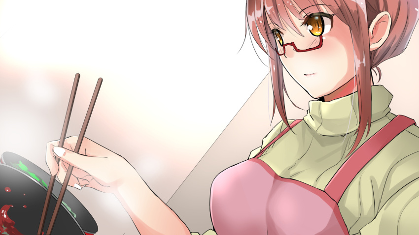 apron breasts brown_eyes chopsticks commentary_request cooking dutch_angle fanged_bangs frying_pan glasses highres holding holding_chopsticks light_blush miracle_hoshi original pink_apron ribbed_sweater sauce steam sweater turtleneck turtleneck_sweater yellow_eyes