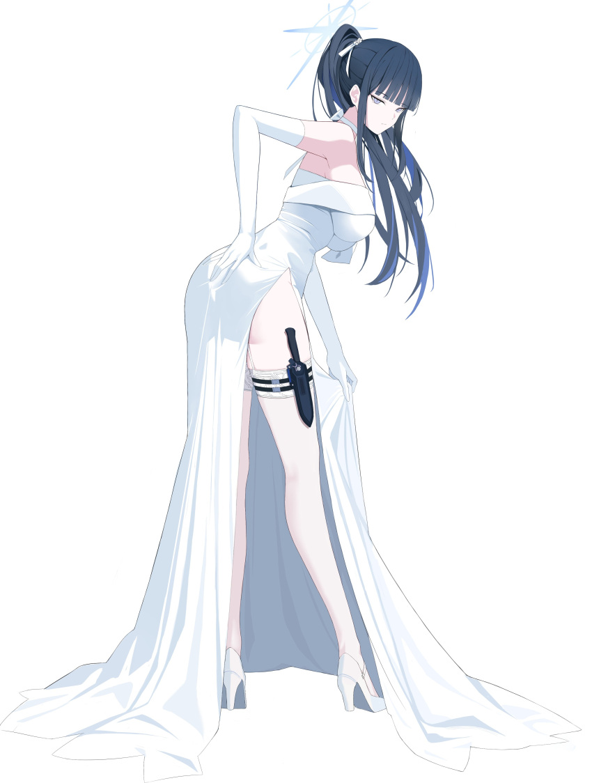 1girl absurdres arms_behind_back bare_shoulders black_hair blue_archive blue_hair breasts dress elf floating_hair from_behind full_body garter_straps gloves halo high_heels high_ponytail highres knife_sheath kuyoumi large_breasts long_hair looking_at_viewer looking_back multicolored_hair official_alternate_costume pointy_ears ponytail saori_(blue_archive) saori_(dress)_(blue_archive) sheath simple_background thighhighs two-tone_hair white_background white_dress white_footwear white_gloves white_thighhighs