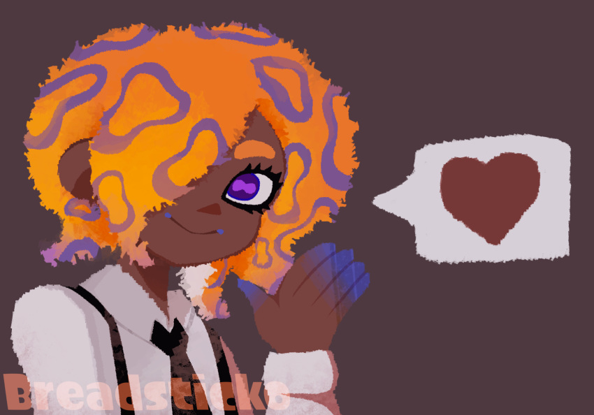 1girl artist_name black_necktie collared_shirt dark-skinned_female dark_skin hair_over_one_eye heart highres literallybreadsticks looking_at_viewer multicolored_hair necktie octoling orange_hair purple_eyes shirt smile solo splatoon_(series) splatoon_3 spoken_heart suspenders tao_blu_(splatoon) white_shirt