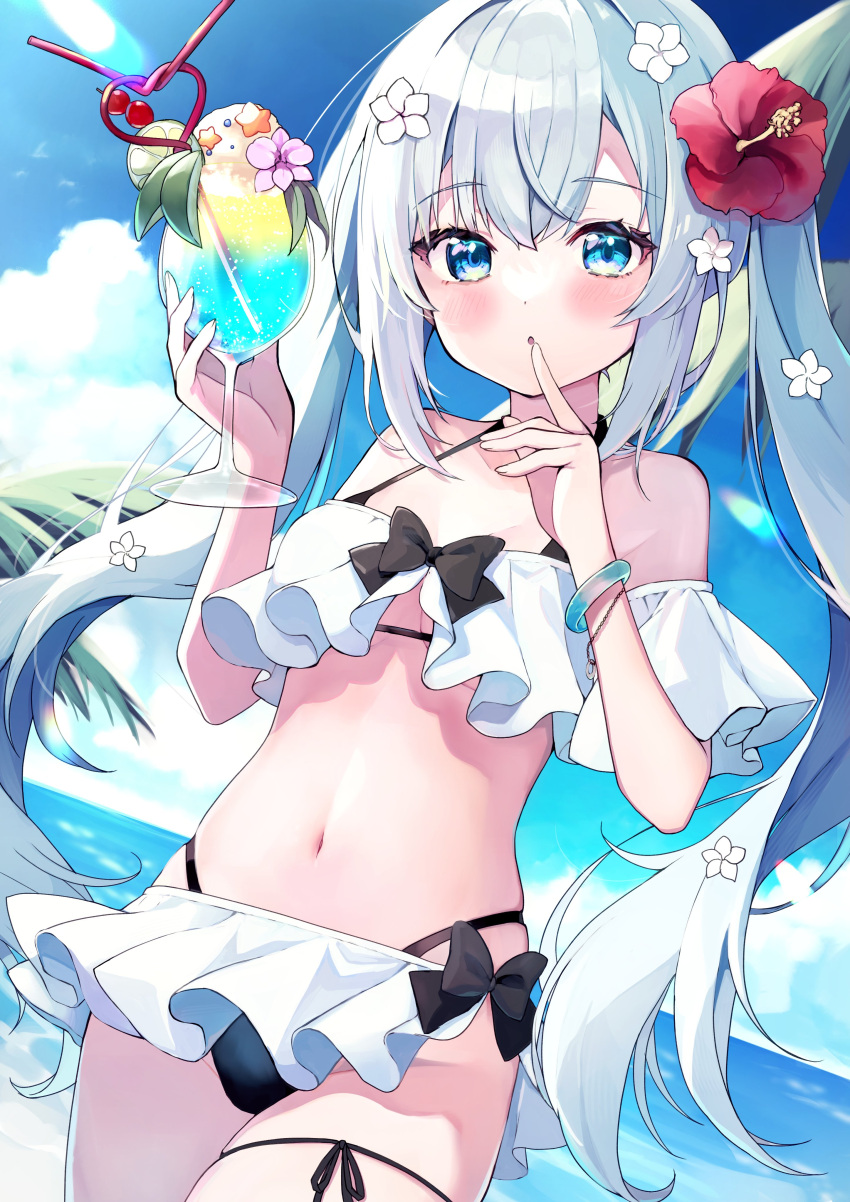 1girl :o absurdres ameshizuku_natsuki bad_id bad_twitter_id bare_shoulders bikini black_bikini blue_eyes blush breasts commentary_request crazy_straw cup detached_sleeves drinking_straw flower frilled_bikini frills hair_between_eyes hair_flower hair_ornament halterneck hand_up has_bad_revision has_downscaled_revision heart_straw highres holding holding_cup horizon long_hair looking_at_viewer md5_mismatch medium_breasts navel ocean original palm_tree resolution_mismatch sidelocks solo source_smaller stomach swimsuit tree underboob white_hair