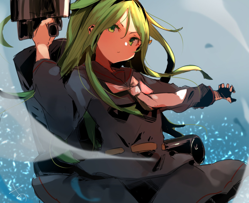 1girl black_sailor_collar black_serafuku black_skirt blue_background closed_mouth green_eyes green_hair hair_between_eyes highres holding kantai_collection long_hair long_sleeves looking_at_viewer nagatsuki_(kancolle) neckerchief rigging sailor_collar school_uniform serafuku signature simple_background skirt solo sunday_aki white_neckerchief