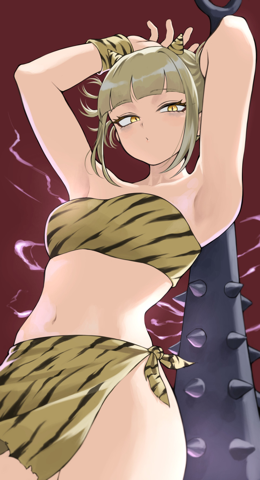 1girl absurdres alternate_costume animal_print armpits arms_up bandeau bare_arms bare_shoulders blonde_hair blunt_bangs boku_no_hero_academia breasts club_(weapon) cowboy_shot fake_horns fengling_(furin-jp) highres horns kanabou midriff navel sarong short_hair sidelocks small_breasts solo standing stomach strapless thighs tiger_print toga_himiko tube_top weapon wristband yellow_eyes