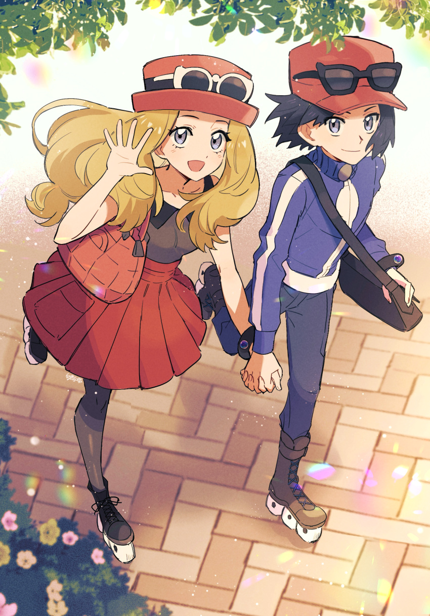 1boy 1girl black_footwear black_hair blue_jacket calem_(pokemon) collarbone commentary eyewear_on_headwear flower full_body grey_eyes hetero highres holding_hands inline_skates jacket light_brown_hair looking_at_viewer mega_ring nai_gai_hongcha pleated_skirt pokemon pokemon_xy red_headwear roller_skates serena_(pokemon) skates skirt sunglasses