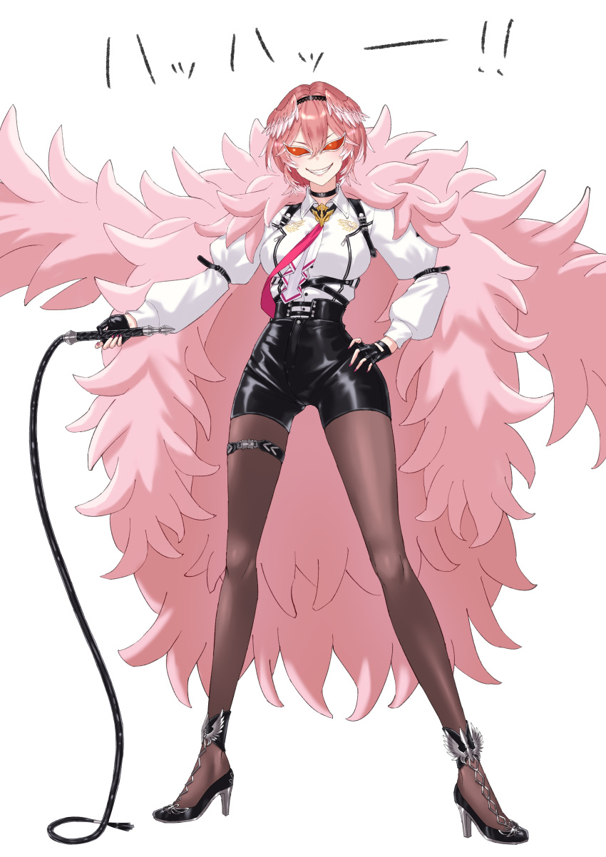 1girl absurdres arm_belt ascot belt black_belt black_choker black_gloves black_hairband black_shorts breasts choker collared_shirt colored_tips cosplay donquixote_doflamingo donquixote_doflamingo_(cosplay) feather_boa gloves hair_between_eyes hairband hand_on_own_hip head_wings high-waist_shorts high_heels highres holding holding_whip hololive leather_shorts mary_is_mine multicolored_hair necktie one_piece orange-tinted_eyewear pantyhose partially_fingerless_gloves pink_hair pink_nails pink_necktie puffy_sleeves shirt short_hair shorts smile solo takane_lui takane_lui_(1st_costume) thigh_strap tinted_eyewear two-tone_footwear virtual_youtuber white_ascot white_hair white_shirt wings zipper zipper_pull_tab