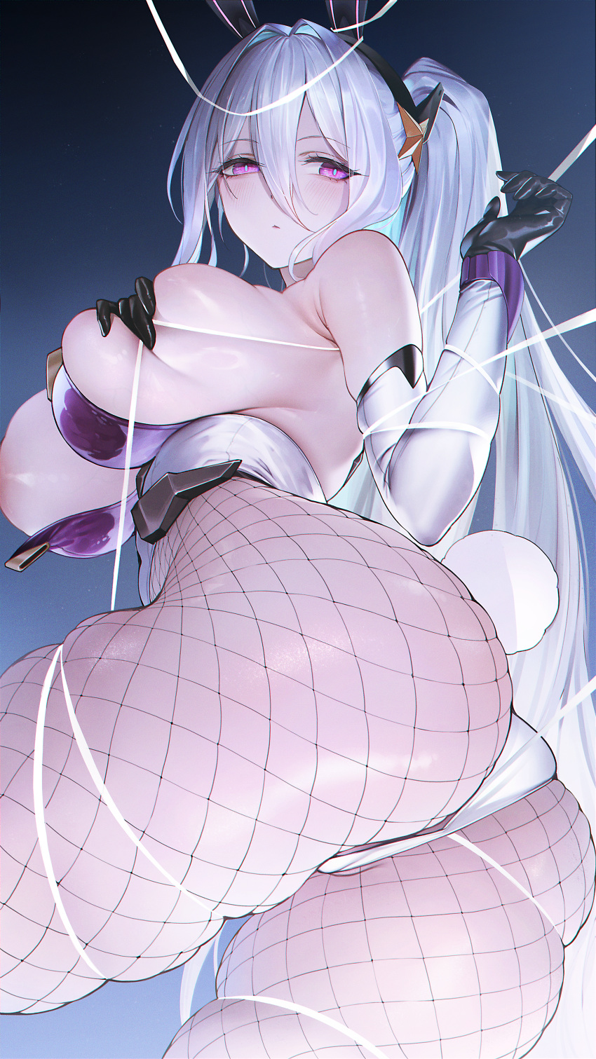1girl absurdres animal_ears aqua_pupils areola_slip ass azur_lane bound breasts commentary_request fake_animal_ears fake_tail fishnet_pantyhose fishnets from_below from_side gloves hair_between_eyes hand_on_own_chest hand_up highleg highleg_leotard highres kearsarge_(all_night_charge)_(azur_lane) kearsarge_(azur_lane) leotard long_hair looking_at_viewer looking_back multicolored_clothes multicolored_gloves multicolored_leotard official_alternate_costume out-of-frame_censoring pantyhose persimmonszzz playboy_bunny purple_leotard sideboob strapless strapless_leotard string tail thong_leotard tied_up_(nonsexual) two-tone_gloves two-tone_leotard undersized_breast_cup white_hair white_leotard
