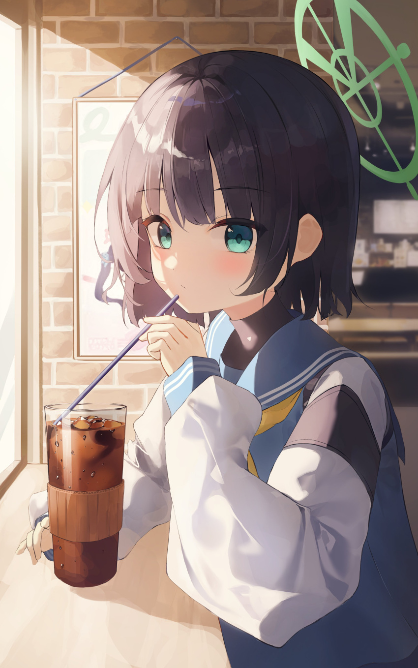 1girl absurdres aqua_eyes black_hair blue_archive blue_sailor_collar blue_shirt blush brick_wall cafe commentary_request cup drinking_glass drinking_straw halo highres holding holding_drinking_straw ice ice_cube indoors kano_(kano4) long_sleeves looking_at_viewer neckerchief puffy_long_sleeves puffy_sleeves sailor_collar saki_(blue_archive) shirt short_hair solo tea turtleneck upper_body yellow_halo yellow_neckerchief
