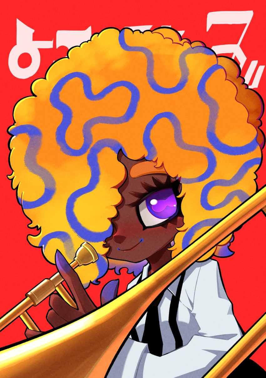 1girl absurdres collared_shirt dark-skinned_female dark_skin hair_over_one_eye highres holding holding_instrument instrument long_sleeves looking_at_viewer meviusss7 multicolored_hair purple_eyes red_background shadow shirt solo splatoon_(series) splatoon_3 tao_blu_(splatoon) trombone white_shirt