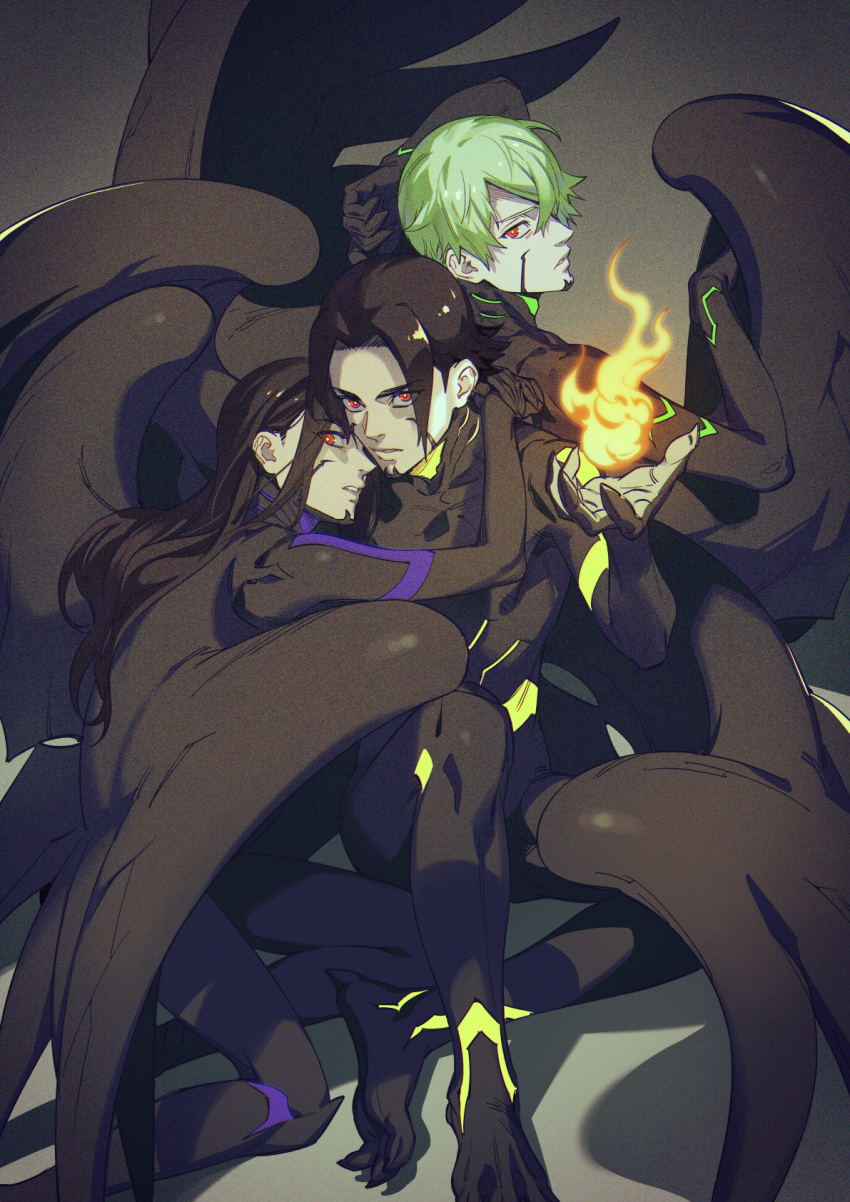 1girl 2boys akakokko_(niro_azarashi) bird_girl bird_wings birdmen black_bodysuit black_hair black_wings bodysuit brother_and_sister fingernails fire green_hair grey_background hair_over_one_eye highres long_hair looking_at_viewer multiple_boys parted_bangs parted_lips pyrokinesis red_eyes sharp_fingernails short_hair siblings silvereye_collins_(birdmen) talons wang_guang_feng wang_ying_huang wings