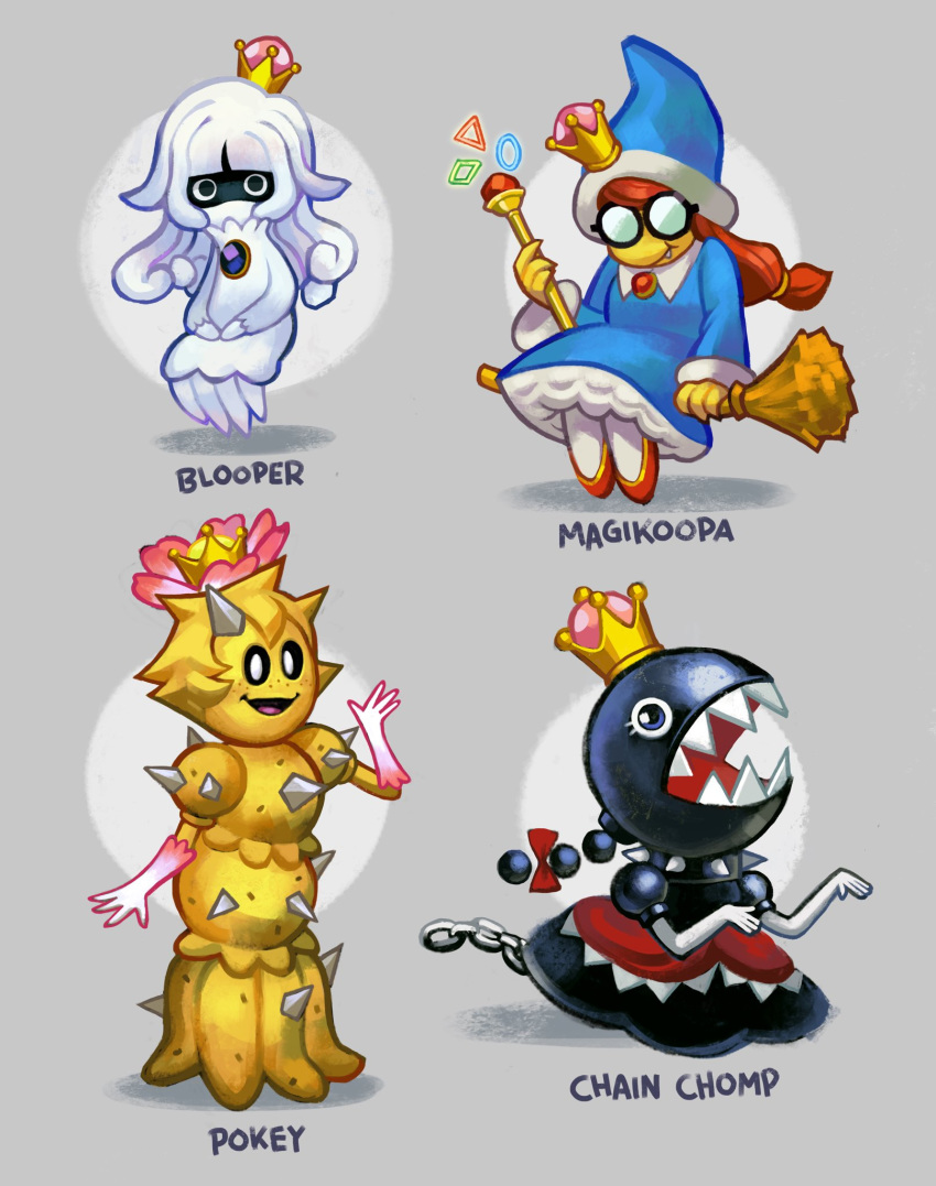 4girls ballooncar black_eyes blooper bow chain_chomp chains character_name collar dress flower gem glasses grey_background highres looking_at_viewer magikoopa mario_(series) multiple_girls new_super_mario_bros._u_deluxe nintendo opaque_glasses pokey_(mario) princess_chain_chomp red_hair round_eyewear simple_background spiked_collar spikes super_crown yellow_skin