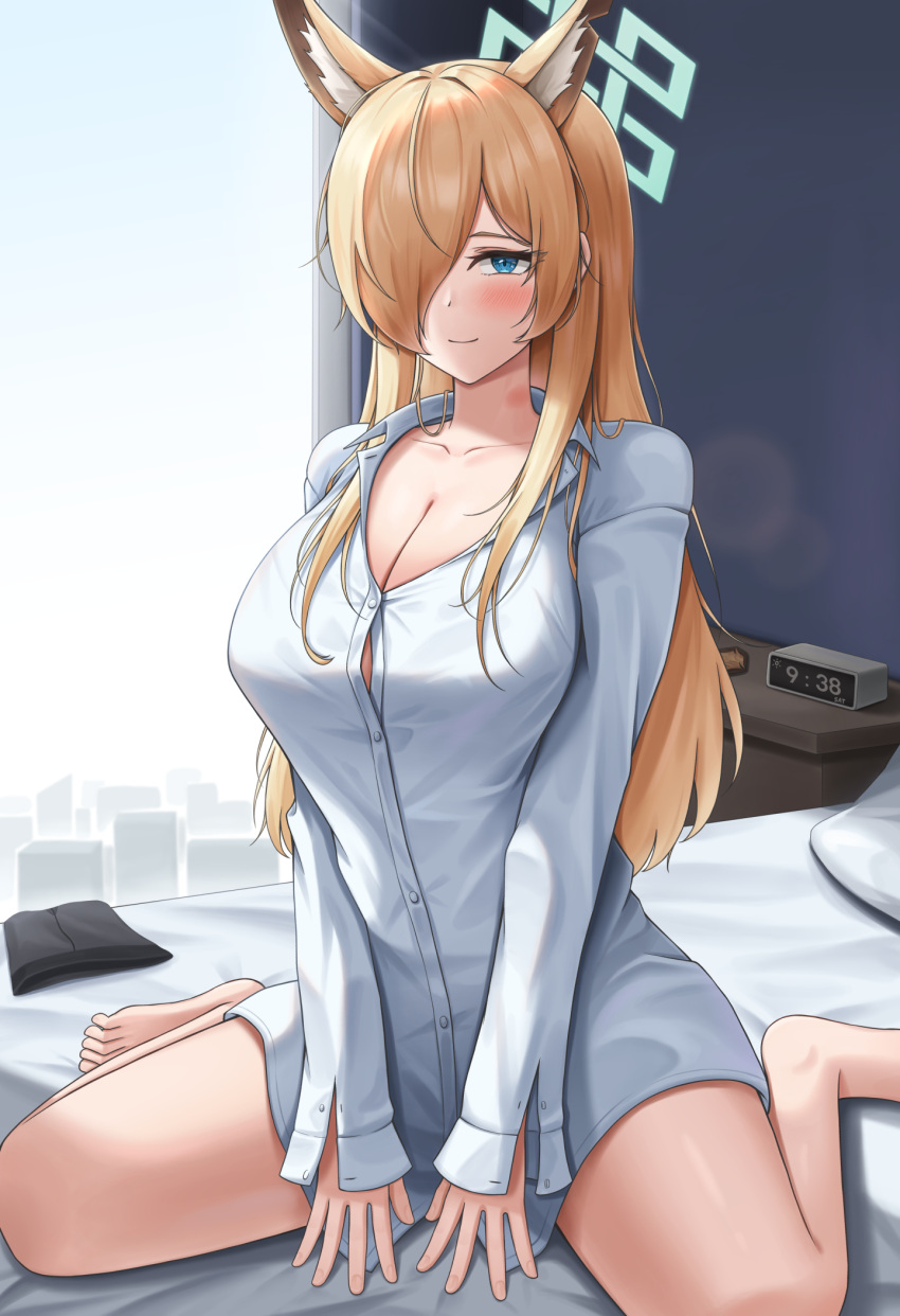 1girl animal_ears asymmetrical_bangs bare_legs barefoot blonde_hair blue_archive blush breasts button_gap cleavage clock collarbone digital_clock hair_over_one_eye halo highres indoors kanna_(blue_archive) large_breasts lazb. long_hair looking_at_viewer no_pants one_eye_covered sitting smile solo straight_hair toes very_long_hair wariza