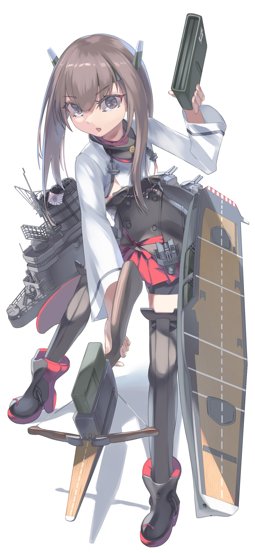 1girl absurdres armor bike_shorts boots breastplate brown_eyes brown_hair crossbow fei_(feikotake) flight_deck full_body headband headgear highres japanese_clothes kantai_collection machinery red_skirt short_hair short_hair_with_long_locks skirt solo taihou_(kancolle) thigh_boots thighhighs weapon white_background