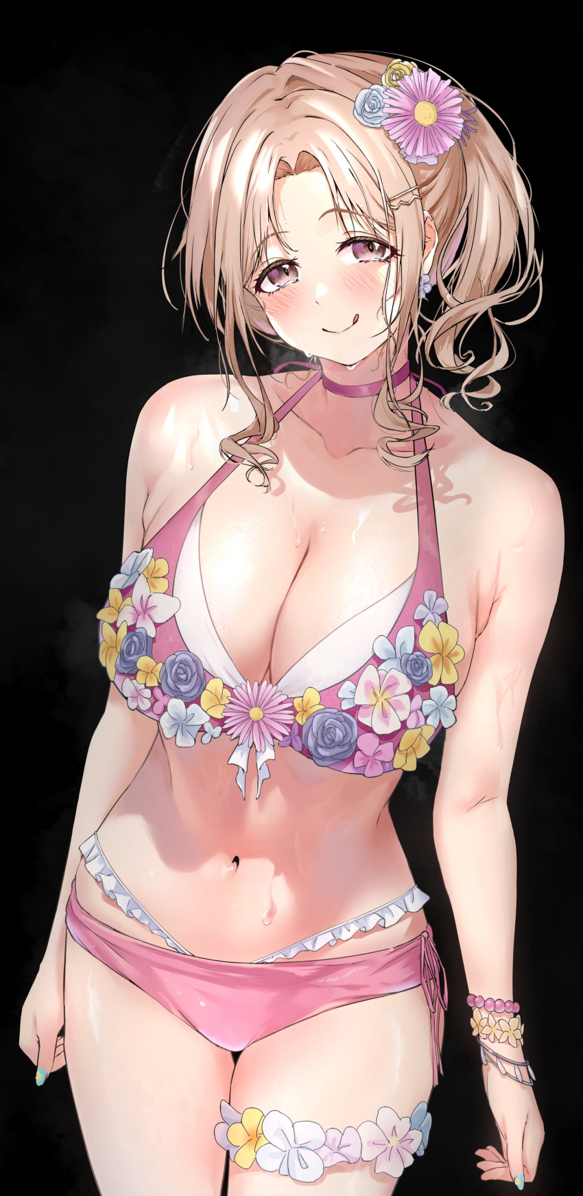 1girl absurdres bare_shoulders bead_bracelet beads bikini black_background blue_flower blue_nails blush bracelet breasts brown_eyes brown_hair cleavage collarbone cowboy_shot dot_nose earrings flower flower_bikini flower_earrings flower_thigh_strap hair_bun hair_flower hair_ornament hairclip highres ichikawa_hinana idolmaster idolmaster_shiny_colors jewelry large_breasts long_hair looking_at_viewer multiple_bracelets nail_polish navel parted_bangs pink_flower purple_bikini simple_background single_hair_bun single_side_bun smile solo standing swimsuit tongue tongue_out tonguewasabi wet white_flower wrist_flower yellow_flower