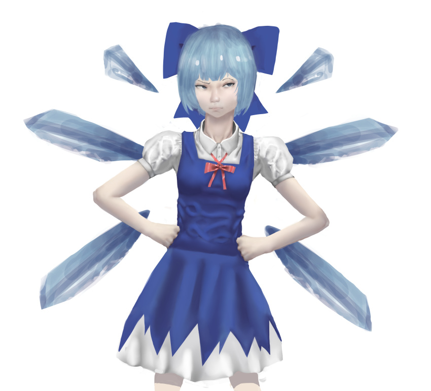 1girl absurdres blue_bow blue_dress blue_eyes blue_hair bow cirno dress hair_bow highres ice ice_wings luciyum non-web_source realistic shirt solo team_9 touhou vest white_shirt wings