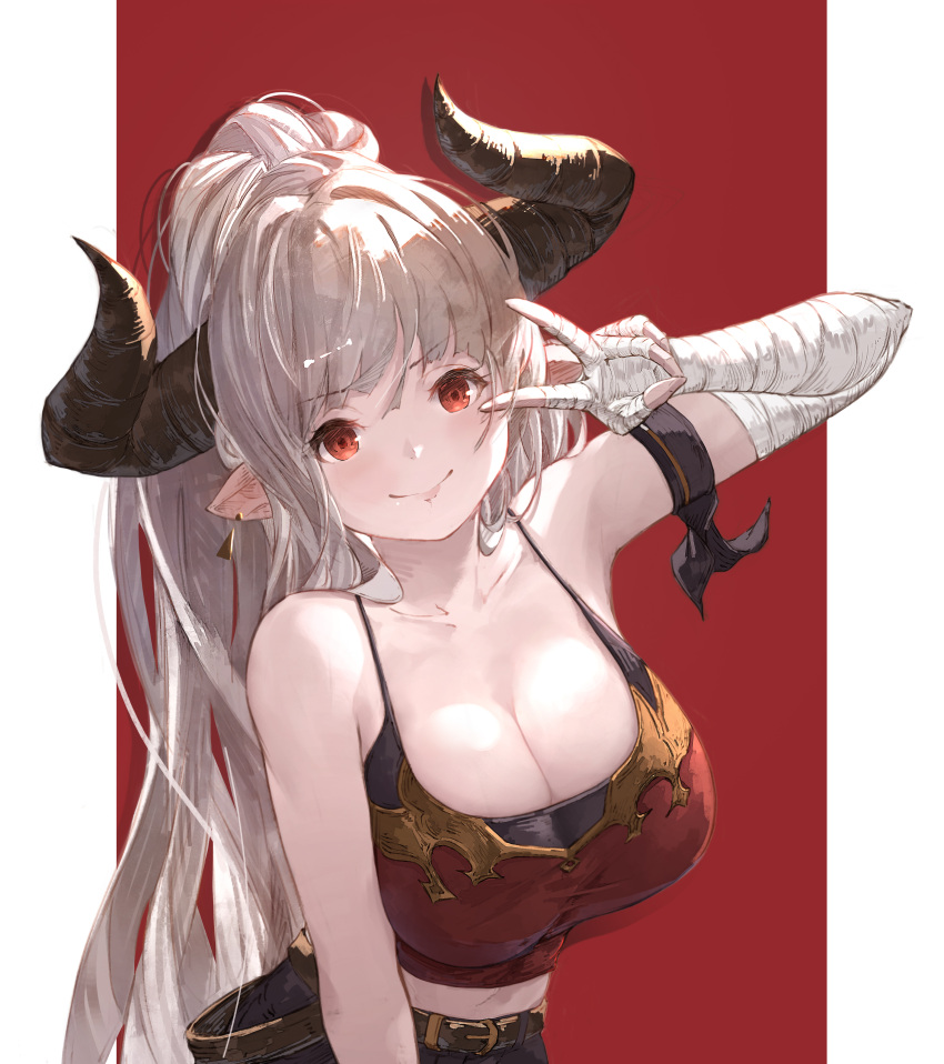 1girl absurdres aliza_(granblue_fantasy) bandaged_hand bandages bare_shoulders belt black_pants blunt_bangs breasts cleavage closed_mouth commentary_request crop_top draph granblue_fantasy grey_hair highres horns large_breasts long_hair looking_at_viewer midriff navel pants pointy_ears ponytail red_background red_eyes smile solo two-tone_background white_background yu_pian