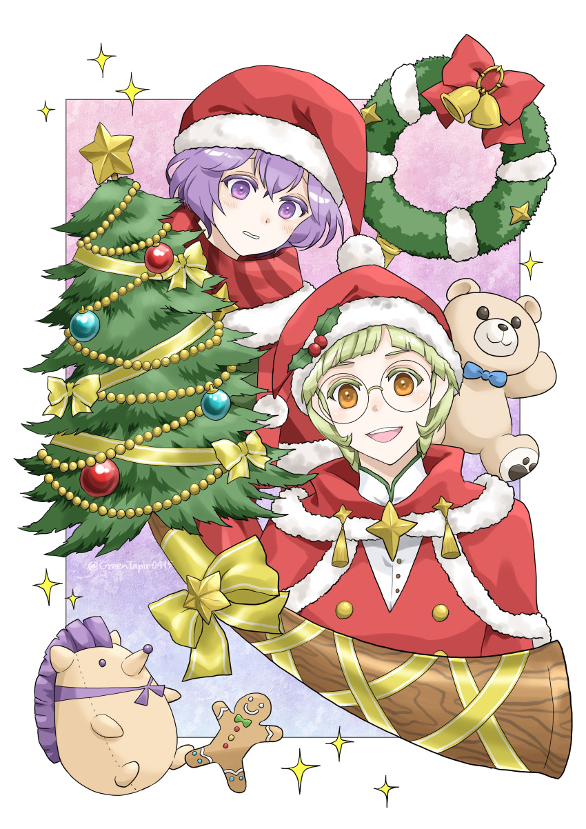 1boy 1girl absurdres bernadetta_von_varley bernadetta_von_varley_(winter) blonde_hair border christmas christmas_tree christmas_wreath coat commentary_request fire_emblem fire_emblem:_three_houses fire_emblem_heroes fur-trimmed_coat fur_trim gingerbread_man gradient_background hat hedgehog highres ignatz_victor ignatz_victor_(winter) looking_at_viewer midori_no_baku official_alternate_costume open_mouth outside_border pink_background purple_background purple_eyes purple_hair red_coat round_eyewear santa_hat smile sparkle stuffed_animal stuffed_toy teddy_bear white_border wreath