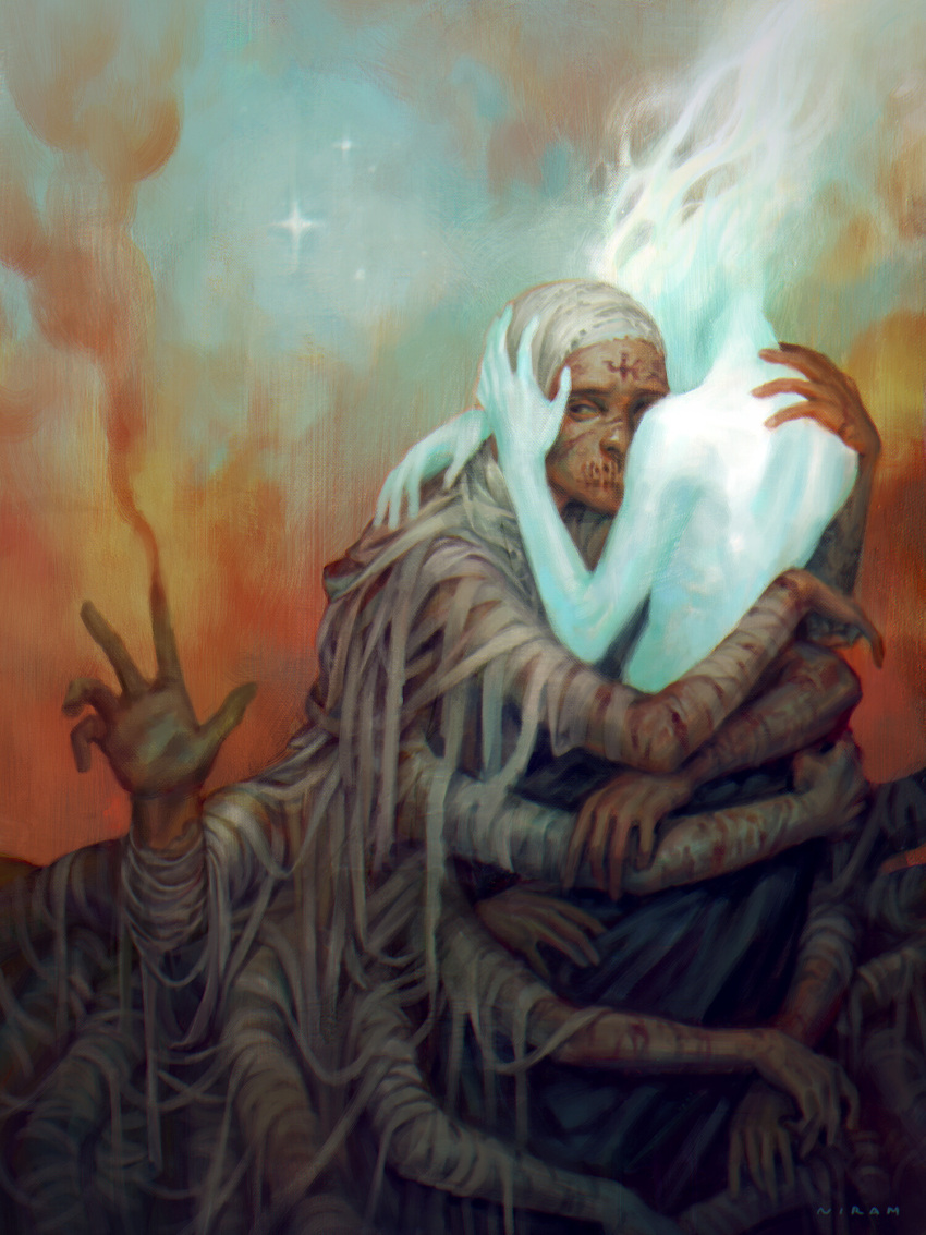 2020 5_fingers artist_name bandage blue_sky branded colored comforting detailed digital_media_(artwork) digital_painting_(artwork) duo elemental_creature elemental_humanoid embrace facial_scar fingers fire fire_creature fire_humanoid forehead_scar front_view grand_karcist_ion half-length_portrait hi_res hug human_taur humanoid klavigar_nadox larger_taur male male_humanoid male_taur multi_arm multi_limb niram_s not_furry orange_smoke portrait scar scp_foundation sewn_mouth shoulder_blades signature size_difference sky smaller_humanoid smoke star taur three-quarter_view white_fire wounded wrapped_arms wrappings