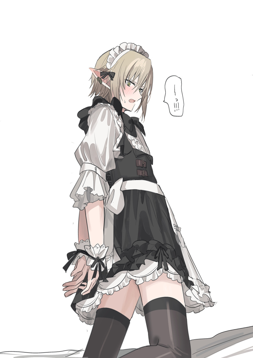 1boy alternate_costume apron black_bow black_skirt blush bow brown_hair brown_thighhighs center_frills chihuri crossdressing ear_piercing enmaided feet_out_of_frame final_fantasy final_fantasy_xiv frilled_apron frills from_behind green_eyes hair_between_eyes highres kneeling looking_at_viewer looking_back maid maid_headdress male_focus open_mouth piercing pointy_ears puffy_short_sleeves puffy_sleeves shirt short_sleeves simple_background skirt solo sweat thighhighs waist_apron white_apron white_background white_shirt wrist_cuffs zephirin_de_valhourdin