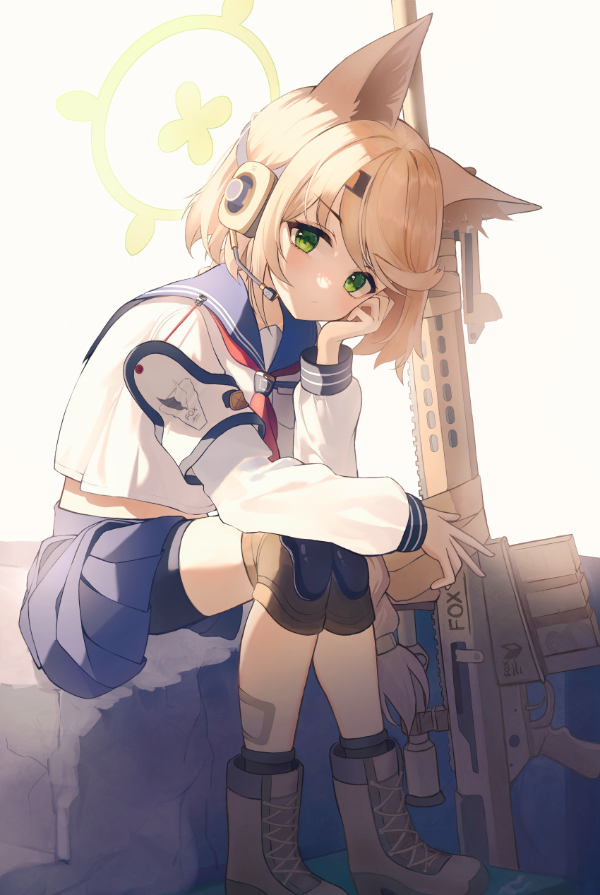 1girl absurdres animal_ears blonde_hair blue_archive blue_sailor_collar blue_shorts blue_skirt boots braid brown_footwear closed_mouth commentary fox_ears fox_girl green_eyes gun halo head_on_hand headset highres kano_(kano4) knee_pads light_rays long_braid long_sleeves looking_at_viewer neckerchief otogi_(blue_archive) pleated_skirt puffy_sleeves red_neckerchief rifle rock sailor_collar shirt short_hair shorts shorts_under_skirt sidelocks single_braid sitting sitting_on_rock skirt sniper_rifle sunbeam sunlight weapon white_shirt yellow_halo