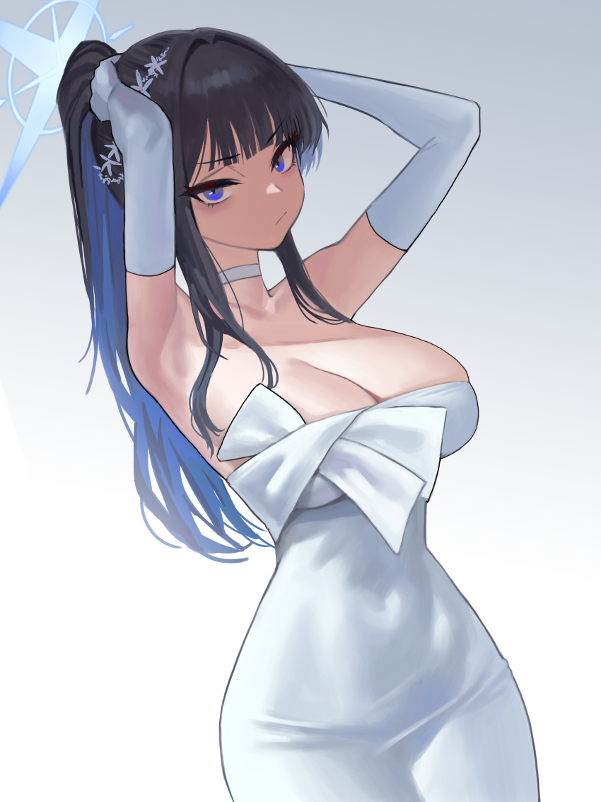 1girl absurdres armpits black_hair blue_archive blue_eyes blue_hair blue_halo breasts choker cleavage closed_mouth colored_inner_hair cowboy_shot dndosld73832 dress elbow_gloves gloves halo highres large_breasts long_hair looking_at_viewer multicolored_hair official_alternate_costume saori_(blue_archive) saori_(dress)_(blue_archive) solo white_choker white_dress white_gloves