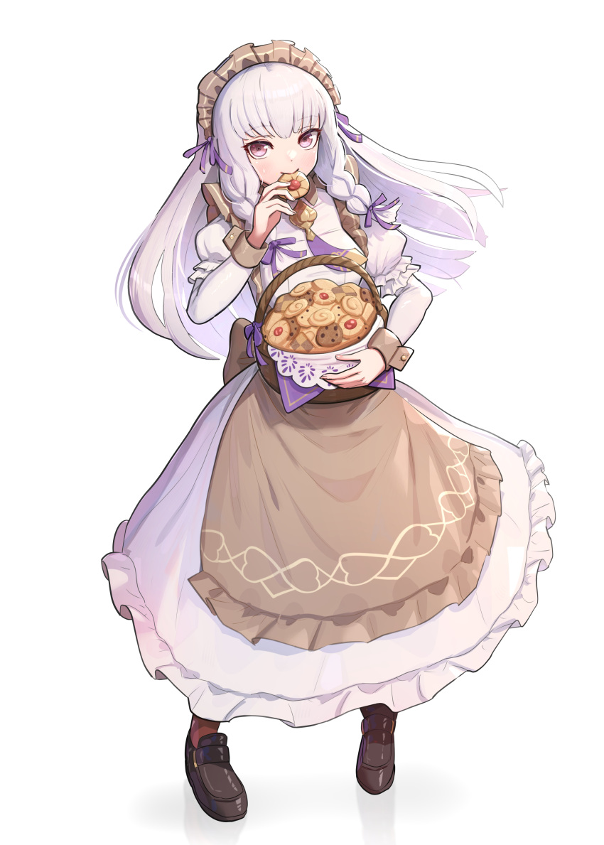 1girl absurdres apron basket braid brown_footwear checkerboard_cookie commentary_request cookie dress eating fire_emblem fire_emblem:_three_houses fire_emblem_heroes food full_body gonzarez grey_apron highres holding holding_basket holding_food juliet_sleeves loafers long_hair long_sleeves looking_at_viewer lysithea_von_ordelia lysithea_von_ordelia_(tea_party) maid maid_headdress official_alternate_costume official_alternate_hairstyle pink_eyes puffy_sleeves shoes simple_background solo standing thumbprint_cookie twin_braids very_long_hair white_background white_dress white_hair