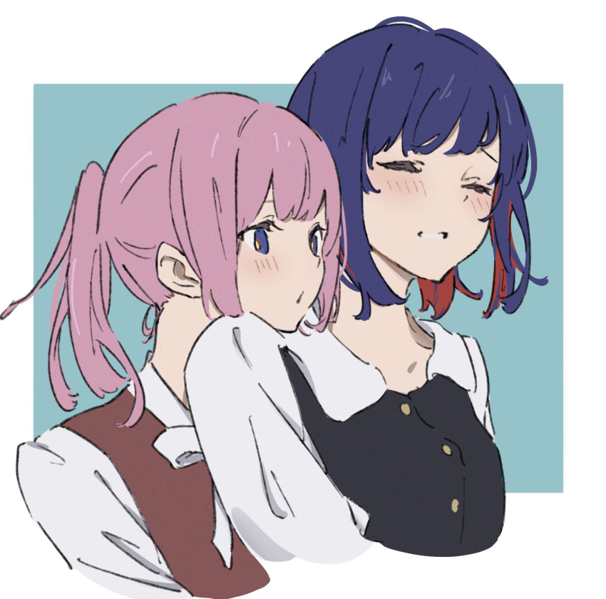 2girls atenaba black_sweater_vest blue_background blue_eyes blue_hair closed_eyes collared_shirt colored_inner_hair head_on_another's_shoulder highres kaf_(kamitsubaki_studio) kamitsubaki_studio medium_hair multicolored_hair multiple_girls parted_lips pink_hair ponytail red_hair red_sweater_vest rim_(kamitsubaki_studio) shirt smile sweater_vest two-tone_background white_background white_shirt yellow_pupils yuri