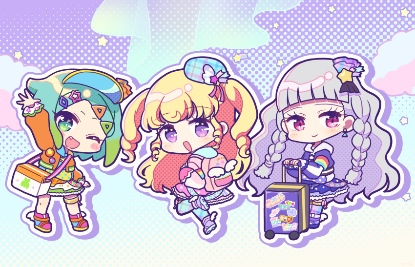 3girls :d ;d arm_up backpack bag blonde_hair blue_hair blue_headwear blunt_bangs blush braid chibi closed_mouth fang frilled_skirt frills full_body gradient_hair green_eyes green_hair grey_hair hat highres holding holding_suitcase idol_time_pripara jacket koda_michiru kokichi_yoko long_hair long_sleeves looking_at_viewer looking_back miichiru_(pripara) multicolored_hair multiple_girls nijiiro_nino one_eye_closed open_mouth orange_jacket pink_bag pink_footwear pink_jacket pretty_series pripara purple_eyes purple_skirt red_eyes ringlets rolling_suitcase shoes short_hair skirt smile standing star_(symbol) suitcase twin_braids two_side_up very_long_hair visor_cap wavy_hair yumekawa_yui