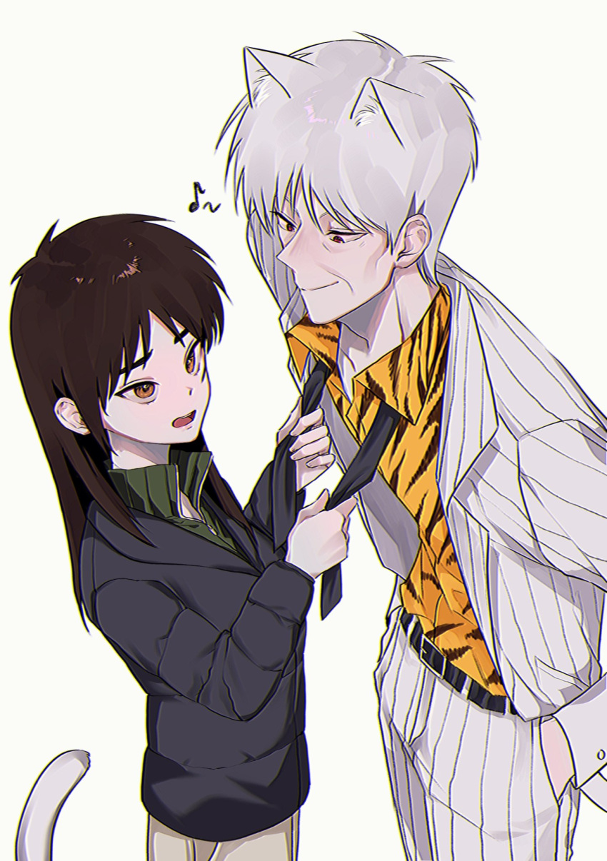 1boy 1girl akagi_shigeru animal_ears animal_print black_coat black_necktie brown_eyes brown_hair cat_boy cat_ears cat_tail coat commentary_request fukumoto_mahjong genderswap genderswap_(mtf) green_sweater grey_hair highres itou_kaiji jacket kaiji korean_commentary long_hair necktie old old_man open_clothes open_jacket pants print_shirt puffy_coat scar scar_on_cheek scar_on_face shirt short_hair sidelocks siho_is_alien striped_clothes striped_jacket striped_pants sweater tail ten_(manga) tiger_print tying_necktie vertical-striped_clothes vertical-striped_jacket vertical-striped_pants white_jacket white_pants yellow_shirt