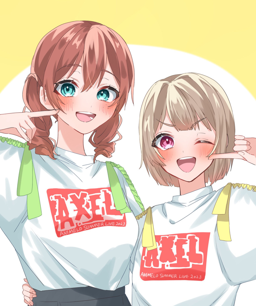 2girls aqua_eyes blush brown_hair commentary_request drill_hair emma_verde finger_to_cheek grey_hair hand_on_another's_waist highres looking_at_viewer love_live! love_live!_nijigasaki_high_school_idol_club medium_hair multiple_girls nakasu_kasumi one_eye_closed open_mouth osora_dao print_shirt purple_eyes shirt short_hair twin_drills upper_body v-shaped_eyebrows white_shirt