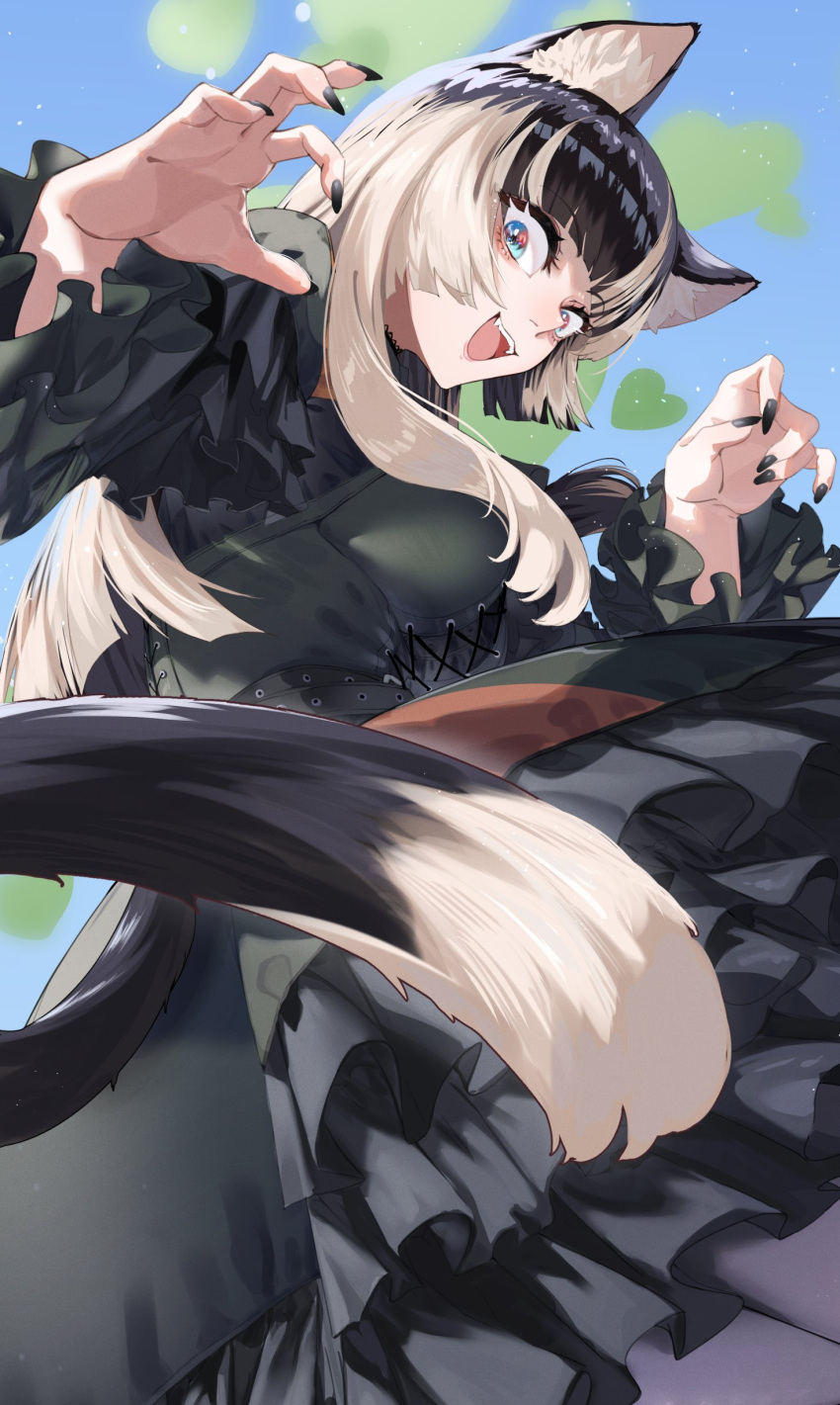 absurdres animal_ears black_hair black_nails blonde_hair blue_eyes blunt_bangs cat_ears cat_girl cat_tail dress fangs fingernails frilled_dress frills gothic_lolita green_dress highres hime_cut hololive juufuutei_raden lolita_fashion long_fingernails long_hair multicolored_hair murechika open_mouth sidelocks simple_background tail two-tone_hair virtual_youtuber