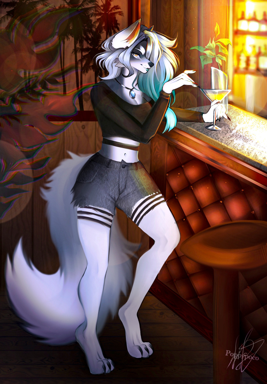 alcohol bar beverage blue_lips bottomwear breasts canid canine canis casual_outfit cleavage clothed clothing domestic_dog female fur grey_body grey_fur hi_res jewelry kerris_doka lips mammal mature_female necklace paws poppypoco shorts solo teasing yellow_eyes