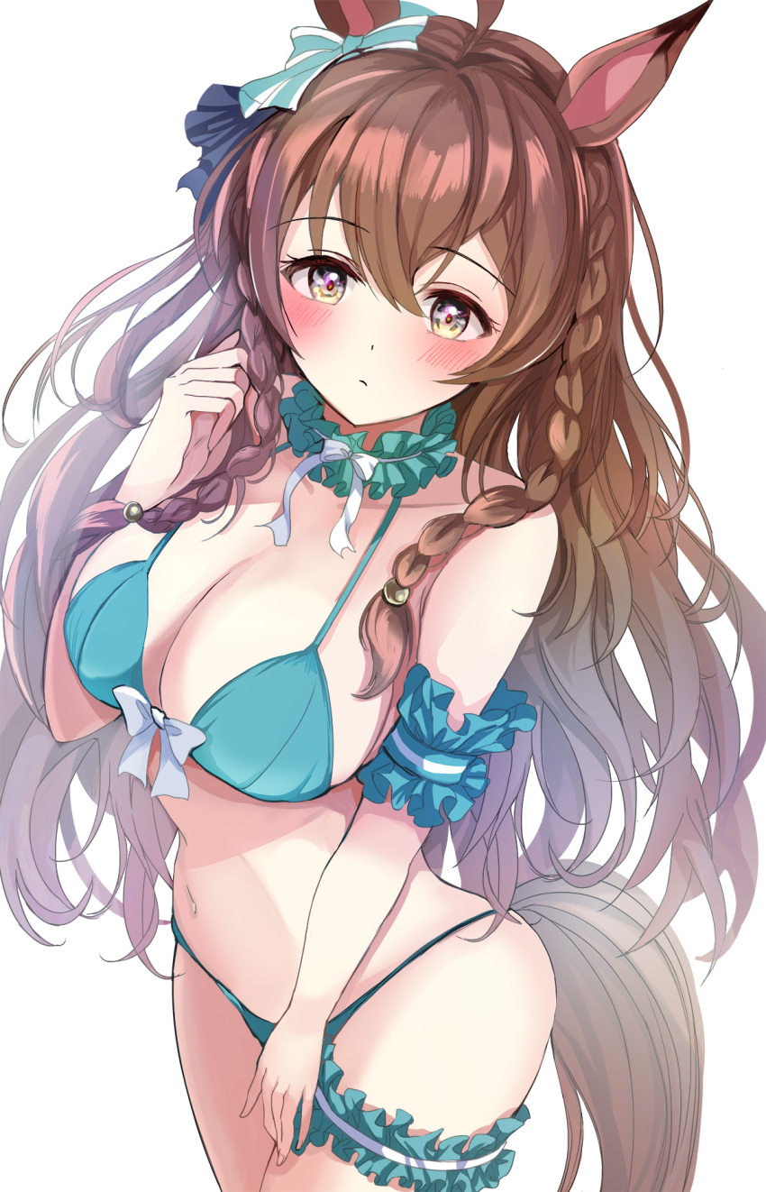 1girl ahoge alternate_costume animal_ears braid breasts brown_eyes brown_hair collarbone commentary_request hair_ornament hanamura_pink highres horse_ears horse_girl horse_tail large_breasts looking_at_viewer mejiro_bright_(umamusume) navel side_braid simple_background solo swimsuit tail umamusume white_background