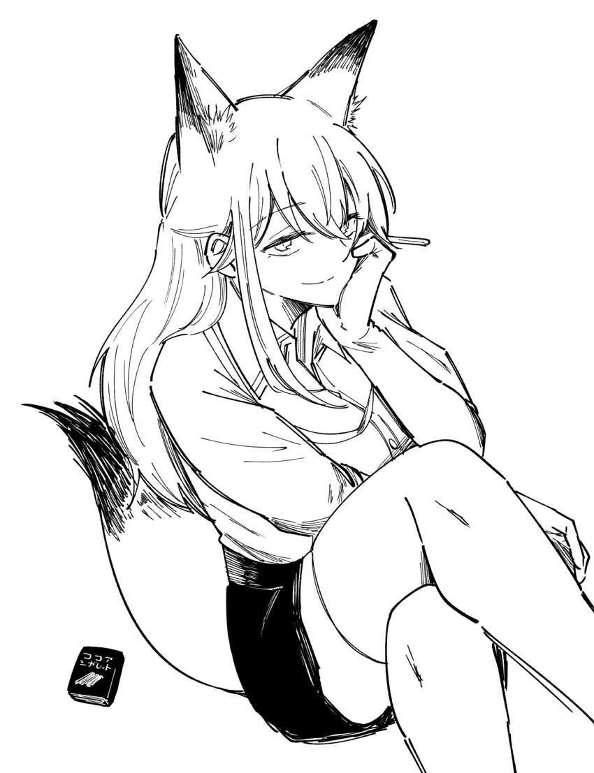 1girl animal_ear_fluff animal_ears arknights closed_mouth collared_shirt commentary crossed_legs feet_out_of_frame fox_ears fox_girl fox_tail franka_(arknights) greyscale hair_between_eyes hand_on_own_cheek hand_on_own_face haruichi_(sazanami_complex) hatching_(texture) highres invisible_chair linear_hatching long_hair looking_at_viewer monochrome shirt simple_background sitting skirt smile solo split_mouth symbol-only_commentary tail thighhighs white_background