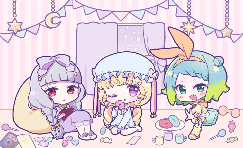 3girls :d blonde_hair blue_dress blue_hair blunt_bangs blush book bow_hairband braid candy chibi closed_mouth crescent cup curtains double_bun doughnut dress food full_body gradient_hair green_eyes green_hair grey_hair hair_bun hairband highres holding holding_book holding_food idol_time_pripara indoors knees_up koda_michiru kokichi_yoko lollipop long_hair long_sleeves looking_at_viewer low_twintails miichiru_(pripara) mug multicolored_hair multiple_girls nijiiro_nino open_book open_mouth orange_hairband pajamas plate pretty_series pripara purple_dress purple_eyes red_eyes short_hair sitting smile standing string_of_flags twin_braids twintails very_long_hair window yumekawa_yui