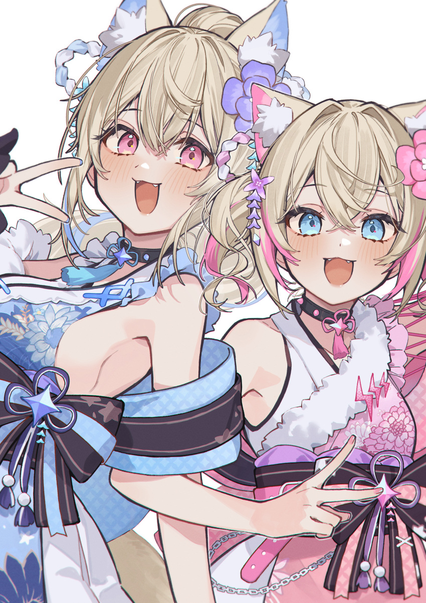 2girls absurdres animal_ear_fluff animal_ears bare_shoulders blonde_hair blue_eyes blue_hair blue_kimono blue_nails blush breasts dog_ears dog_girl dog_tail fangs fingernails fuwawa_abyssgard fuwawa_abyssgard_(new_year) hair_intakes highres hololive hololive_english japanese_clothes kimono large_breasts looking_at_viewer mococo_abyssgard mococo_abyssgard_(new_year) multicolored_hair multiple_girls nail_polish official_alternate_costume official_alternate_hairstyle open_mouth pink_eyes pink_hair pink_kimono pink_nails ponytail siblings sideboob sideless_kimono simple_background sisters sleeveless sleeveless_kimono smile streaked_hair tail tsukino_(nakajimaseiki) twins twintails upper_body v virtual_youtuber white_background