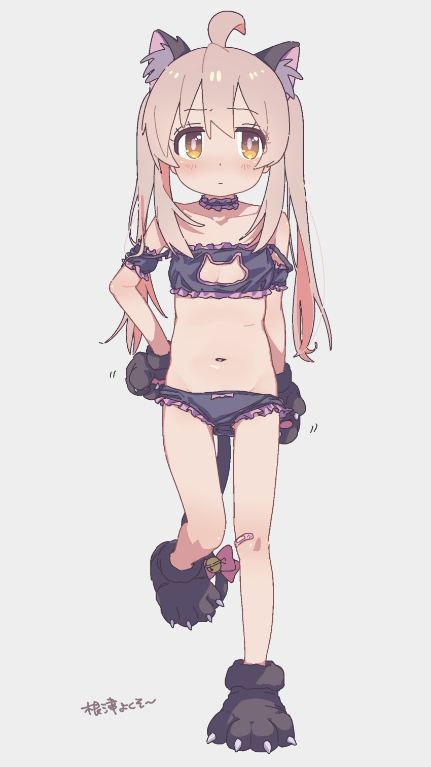 1girl absurdres ahoge animal_ears animal_hands bandaid bandaid_on_knee bandaid_on_leg black_bra black_choker black_gloves black_panties blush bra breasts cat_cutout cat_ears cat_lingerie cat_tail choker cleavage_cutout closed_mouth clothing_cutout fake_animal_ears frilled_bra frilled_choker frilled_panties frills gloves hand_on_own_hip highres meme_attire onii-chan_wa_oshimai! oyama_mahiro panties paw_gloves pink_hair small_breasts solo standing standing_on_one_leg strap_slip tail twintails underwear white_background yellow_eyes yoku_soy