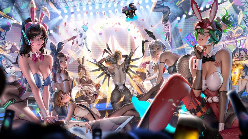 6+girls adapted_costume all_fours ana_(overwatch) android animal_ears ashe_(overwatch) ass breasts brigitte_(overwatch) cleavage collarbone confetti d.va_(overwatch) dark-skinned_female dark_skin echo_(overwatch) english_commentary fake_animal_ears fake_tail floating highres junker_queen_(overwatch) kiriko_(overwatch) leotard liang_xing looking_at_viewer mei_(overwatch) mercy_(overwatch) moira_(overwatch) mother_and_daughter multiple_girls orisa_(overwatch) overwatch overwatch_1 overwatch_2 pharah_(overwatch) playboy_bunny robot snowball_(overwatch) sojourn_(overwatch) sombra_(overwatch) stage suspenders symmetra_(overwatch) tail tracer_(overwatch) widowmaker_(overwatch) wrecking_ball_(overwatch) yuri zarya_(overwatch)