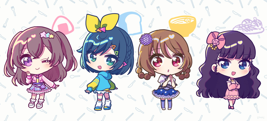 4girls :d :o black_hair blue_eyes blue_hair blue_jacket blue_skirt blunt_bangs bow bowl bread brown_hair chibi closed_mouth cosplay crossed_arms delicious_party_precure dress flower food full_body fuwa_kokone hair_bow hair_flower hair_ornament hair_rings hanamichi_ran hanazono_shuka hanazono_shuka_(cosplay) hand_up hands_up highres hood hood_down jacket kasai_amane koda_michiru koda_michiru_(cosplay) kokichi_yoko long_hair long_sleeves looking_at_viewer multiple_girls nagomi_yui nijiiro_nino nijiiro_nino_(cosplay) onigiri open_mouth own_hands_together pink_bow pink_dress pink_jacket precure purple_eyes purple_flower purple_skirt shoes short_hair skirt smile standing star_(symbol) star_hair_ornament two_side_up wavy_hair yellow_bow yumekawa_yui yumekawa_yui_(cosplay)